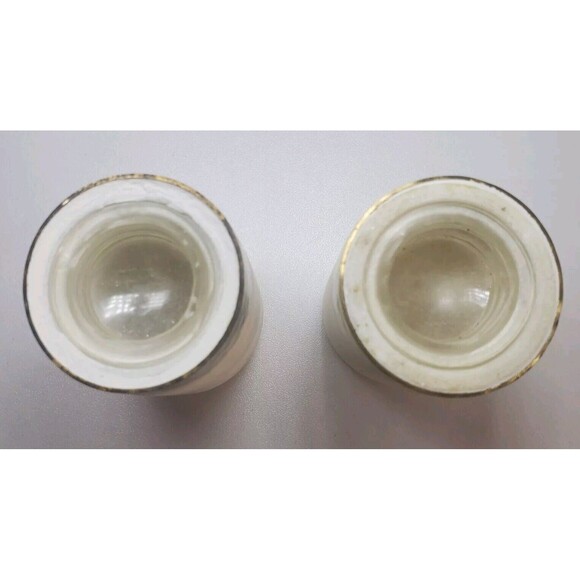 Vintage MCM White Natural Stone Salt And Pepper Shaker Set Hammered Brass Trim - Picture 6 of 7